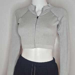 Workouts By Katya Gray Ribbed Zip-Up Crop Top Size S